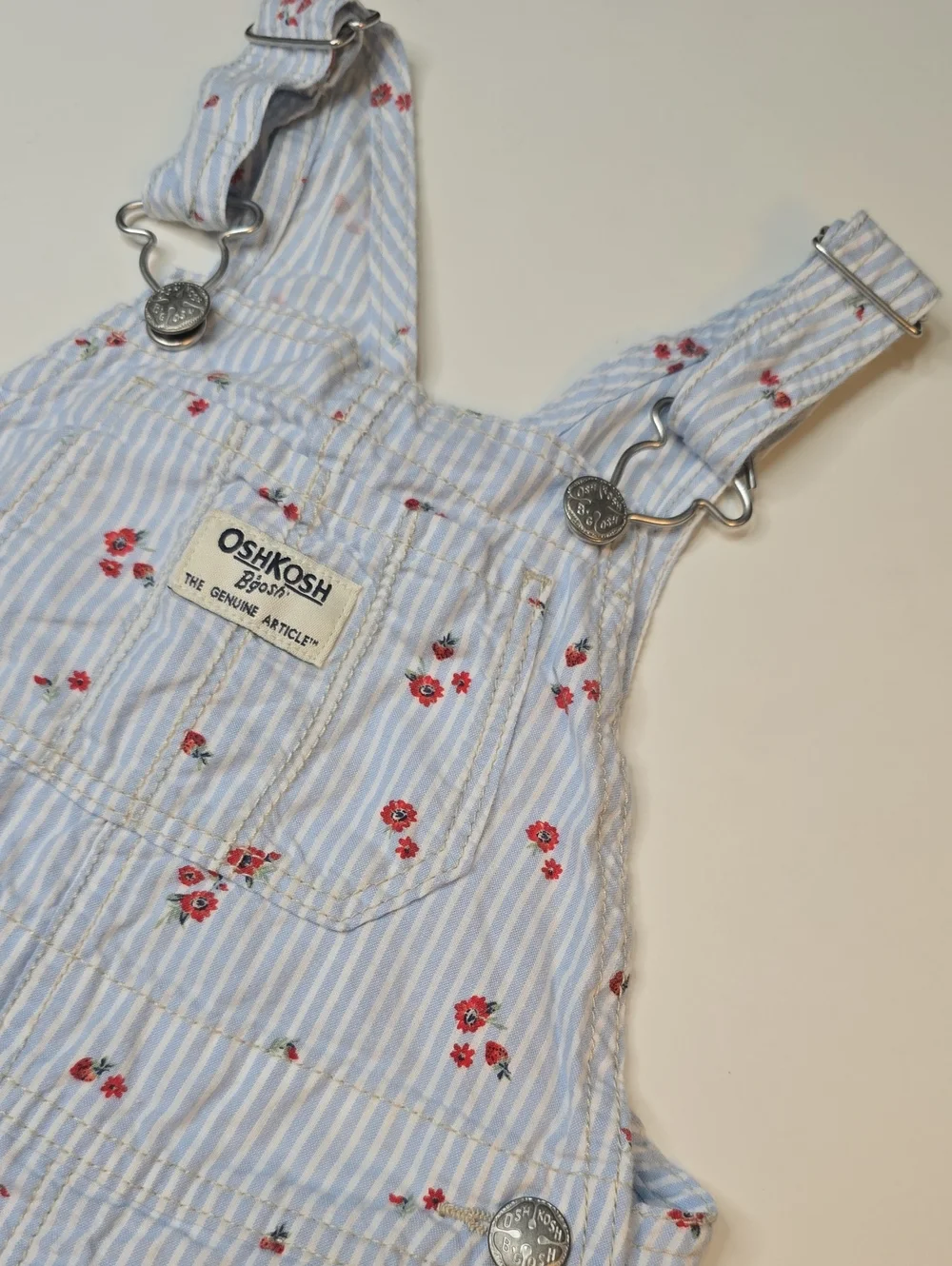 OshKosh B'gosh Blue & White Striped Short Overalls with Red Floral Print